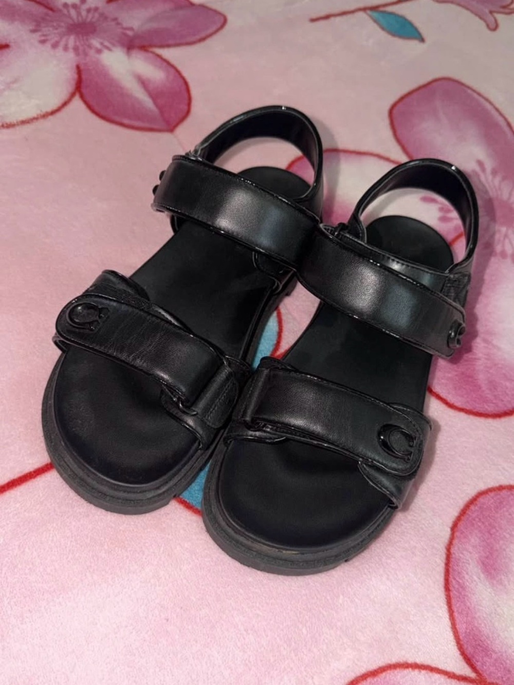 Coach Black Leather Velcro Strap Sandals